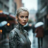 a woman in a robot suit standing in the rain generative ai photo