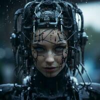 a woman in a robot suit with wires on her head generative ai photo