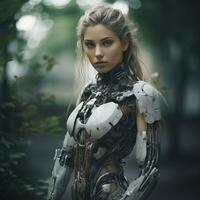 a woman in a robot suit standing in the woods generative ai photo