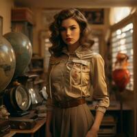 a woman in a shirt and skirt standing in front of a desk generative ai photo
