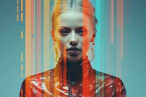 a woman in a shiny red dress with colorful stripes on her face generative ai photo