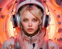 a woman in a space suit with headphones on generative ai photo