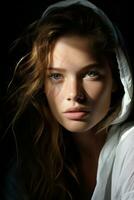 a woman in a white hoodie looking at the camera generative ai photo