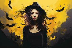 a woman in a witch hat with bats flying around her generative ai photo