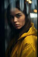 a woman in a yellow jacket looking through a window generative ai photo