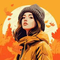 a woman in an orange jacket and hat is surrounded by autumn leaves generative ai photo