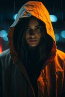 a woman in an orange hoodie standing in the rain generative ai photo