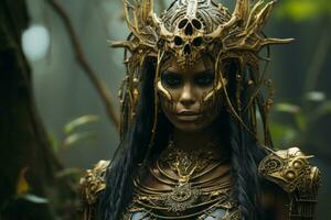 a woman in gold armor and headdress in the woods generative ai photo