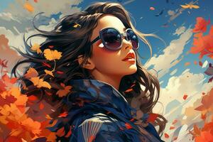 a woman in sunglasses and a blue jacket is surrounded by autumn leaves generative ai photo