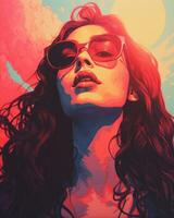 a woman in sunglasses and a red and blue background generative ai photo