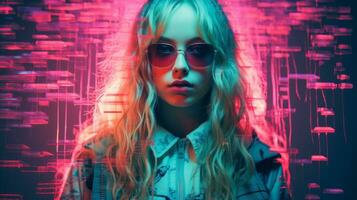 a woman in sunglasses and a jacket standing in front of neon lights generative ai photo