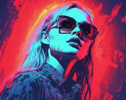 a woman in sunglasses and a red and blue background generative ai photo