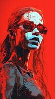 a woman in sunglasses with red and blue splatters on her face generative ai photo