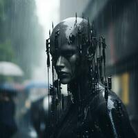 a woman in the rain with an umbrella generative ai photo