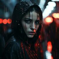 un mujer en el lluvia con rojo luces detrás su generativo ai foto