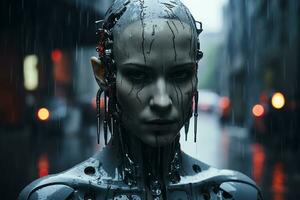 a woman in the rain with a robot head generative ai photo