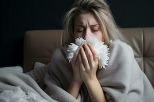 a woman is blowing her nose while sitting in bed generative ai photo