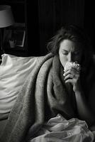 un mujer es soplo su nariz mientras sentado en cama generativo ai foto