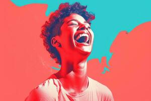 a woman is laughing and smiling in front of a colorful background generative ai photo