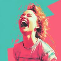 a woman is laughing in front of a colorful background generative ai photo