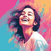 a woman is laughing in front of a colorful background generative ai photo