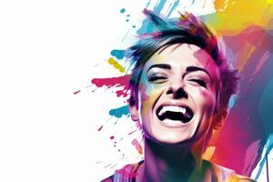 a woman is laughing in front of a colorful background generative ai photo