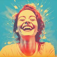 a woman is laughing in front of a colorful background generative ai photo