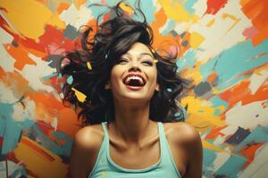 a woman is laughing in front of a colorful background generative ai photo