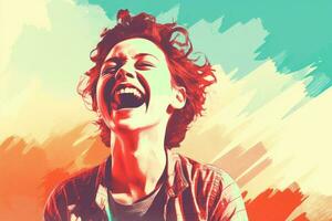 a woman is laughing in front of a colorful background generative ai photo