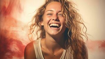 a woman is laughing and smiling in front of a red background generative ai photo