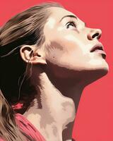 a woman is looking up in the air with a red background generative ai photo