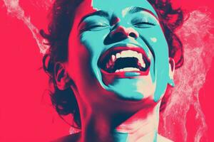a woman is laughing in front of a red and blue background generative ai photo
