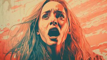 a woman is screaming in front of an orange and red background generative ai photo