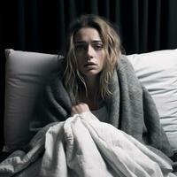 a woman is sitting in bed wrapped in a blanket generative ai photo