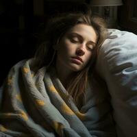 a woman is sleeping in a bed generative ai photo