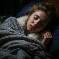 a woman is sleeping in bed with her eyes closed generative ai photo