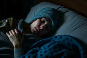 a woman is sleeping in bed with a blue hat on generative ai photo
