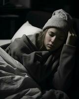 a woman is sleeping in bed with her head on the pillow generative ai photo
