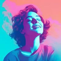 a woman is smiling in front of a colorful background generative ai photo