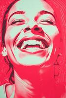 a woman is smiling and laughing in a red and pink background generative ai photo