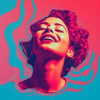 a woman is smiling in front of a colorful background generative ai photo