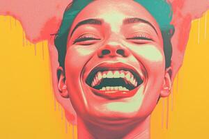 a woman is smiling and laughing in front of a colorful background generative ai photo