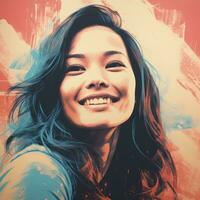 a woman is smiling in front of a colorful background generative ai photo