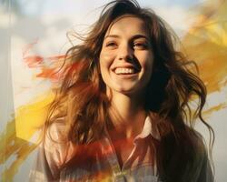 a woman is smiling in front of an abstract painting generative ai photo