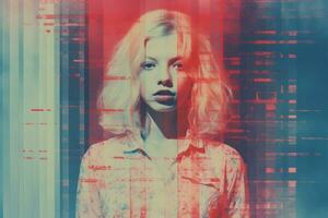 a woman is standing in front of a red and blue background generative ai photo