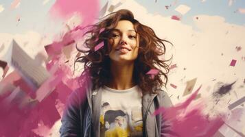 a woman is standing in front of pink confetti generative ai photo
