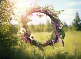 Rustic wildflowers wreath on a sunny meadow. Summer Solstice Day, Midsummer concept. Generative AI photo