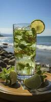 Stunning photo of cocktail mojito, a sunny summer beach in the background. Generative AI