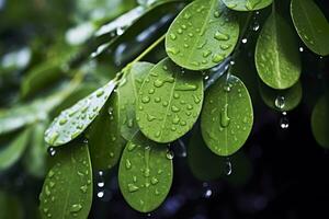 verde hojas con agua gotas en a ellos. ai generado foto