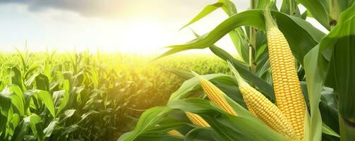 Closeup corn cobs in corn plantation field. Generative AI photo
